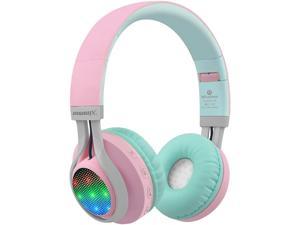 Riwbox WT-7S Bluetooth Headphones Light Up, Foldable Stero Wireless Headset with Microphone and Volume Control for PC/Cell Phones/TV/iPad (Pink Green)