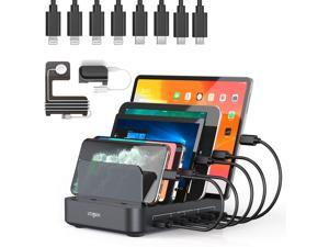 Charging Station, Vogek 50W 10A 5-Port USB Charging Station for Multiple Device with 8 Short Mixed Cables Watch & Airpod Stand Included for Cell Phones, Smart Phones, Tablets, iWatch, Airpods Grey