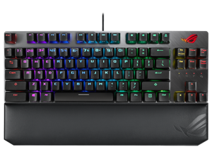 ASUS ROG Strix Scope TKL Deluxe wired mechanical RGB gaming keyboard for FPS games, Cherry MX switches, aluminum frame, ergonomic wrist rest, and Aura Sync lighting