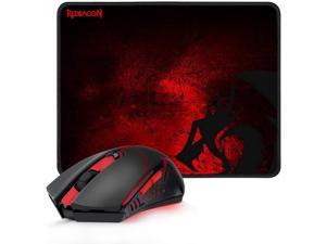 M601-WL-BA Wireless Gaming Mouse and Mouse Pad Combo, Ergonomic MMO 6 Button Mouse, 2400 DPI, Red LED Backlit & Large Mouse Pad for Windows PC Gamer (Black Wireless Mouse & Mousepad Set)