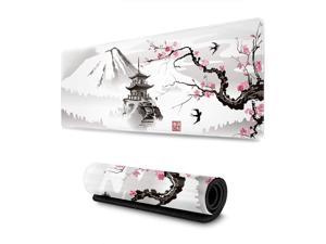 Corn Japanese Pagoda and Cherry Blossom Branch Gaming Mouse Pad XL, Extended Large Mouse Mat Desk Pad, Stitched Edges Mousepad, Long Non Slip Rubber Base Mice Pad, 31.5 X 11.8 Inch