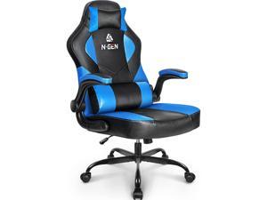 N-GEN Gaming Chair Ergonomic Office Chair PC Desk Chair with Lumbar Support Flip-Up Arms Levelled Seat Style Headrest PU Leather Executive High Back Computer Chair for Adults Women Men