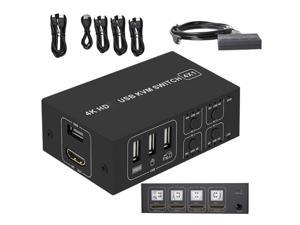 KVM Switch HDMI 4 Port Box,4 in 1 Out KVM Switch 4 Computers Share Keyboard Mouse Printer Monitor Support HUD 4K@60Hz for Laptop,PC,Xbox HDTV, with 4 USB Cable,1 Switch Button&Cable,1 Power Cable