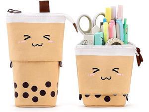 Boba Cute Standing Pencil Case for Kids Pop Up Pencil Box Makeup Pouch Stand UP Christmas Gift kids Pen Holder Organizer Cosmetics Bag Kawaii Stationary Brown