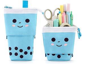 Boba Cute Standing Pencil Case for Kids Pop Up Pencil Box Makeup Pouch Stand UP Christmas Gift kids Pen Holder Organizer Cosmetics Bag Kawaii Stationary blue