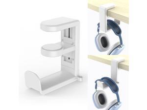 PC Gaming Headset Headphone Hook Holder Hanger Mount Headphones Stand with Adjustable  Rotating Arm Clamp Under Desk Design Universal Fit Built in Cable Clip White