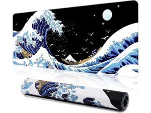 Gaming Laptop Mouse Pad,Sea Wave Big Mice Pads PC Keyboard and Non-Slip 31.5 x 11.8inches 3mm Thick XL,XXL Rubber Table Mat, Kanagawa Surfing and Black Japanese Mouse Pads