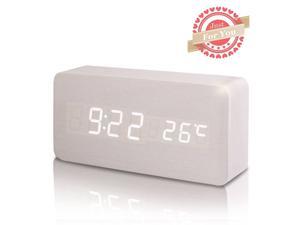 Wooden Digital Alarm Clock, Leeron Cube Wood-shaped Time Temperature and Sound Control Desk Alarm Clock for Kid, Home, Office, Daily Life, Heavy Sleepers (White)