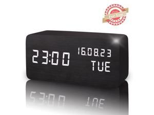 Unique Cube Wooden Wood Digital LED Desk Voice Control Alarm Clock Thermomet  JG 