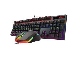 Rapoo V150   All 104 Non-conflicting Keys, Ergonomic Design, Cool Exterior Blue Mechanical  Waterproof Wired Rainbow LED Light Keyboard And 7000DPI RGB Backlit Mouse Combo