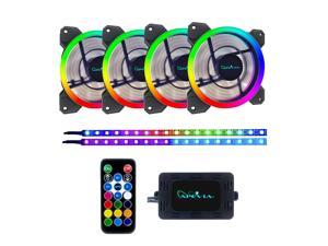 Apevia SP412L2S-RGB Spectra 120mm Silent Dual Ring Addressable RGB Color Changing LED Fan with Remote Control, 16X LEDs & 8X Anti-Vibration Rubber Pads w/ 2 Magnetic Addressable LED Strips (4+2-PK)