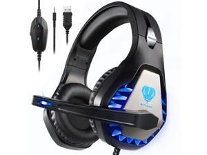 BUTFULAKE GH-1 Gaming Headset for PS4, Xbox One, Xbox One S, PC, Nintendo Switch, Mac, Laptop, Computer, 3.5mm Wired Pro Stereo Over Ear Gaming Headphones with Noise Cancelling Mic &LED Light, Blue