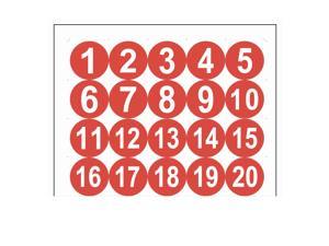 Round Number Stickers, 50mm Dia Number 1-20 Self Adhesive PVC Label Waterproof White Word(Red Background)