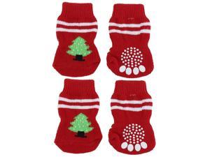 Unique Bargains 4 Pcs Tree Pattern Red Knitted Walking Bootie Non-slip Warm Pet Doggie Dog Socks
