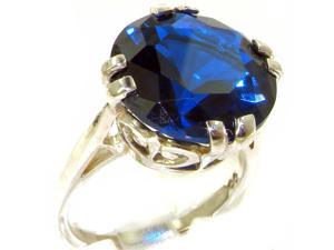 Solid Sterling Silver Womens Large 14mm Synthetic Blue Sapphire Vintage Solitaire Cocktail Ring - Size 11 - Finger Sizes 4 to 12 Available