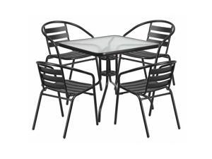 31.5'' Square Glass Metal Table with 4 Black Metal Aluminum Slat Stack Chairs 31.5'' Square Glass Metal Table with 4 Black Metal Aluminum Slat Stack Chairs