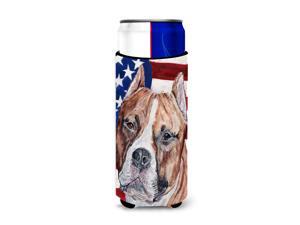 Staffordshire Bull Terrier Staffie with American Flag USA Ultra Beverage Insulators for slim cans SC9632MUK