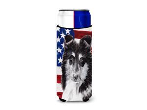 Black and White Collie with American Flag USA Ultra Beverage Insulators for slim cans SC9630MUK