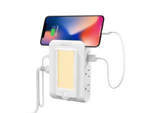 Wall Mount Charger, 2 USB Ports & 4 AC Outlets Charging Station, Dusk to Dawn LED Night Light, Surge-protected Power Socket Extender with Phone Holder