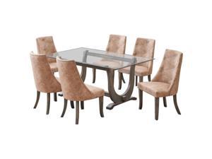 Benoit 7 Piece Glasstop Dining Set, Light Brown Fabric & Gray Wood (Trestle Table & 6 High-Back Tufted Chairs) Benoit 7 Piece Glasstop Dining Set, Light Brown Fabric & Gray Wood (Trestle Table & 6 High-Back Tufted Chairs)