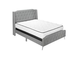 Bed Queen Size Platform Bedroom Frame Upholstered Linen Look Metal Legs Grey Chrome Transitional
