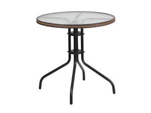 28'' Round Tempered Glass Metal Table with Dark Brown Rattan Edging 28'' Round Tempered Glass Metal Table with Dark Brown Rattan Edging