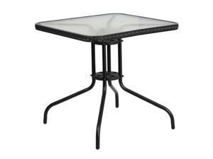 28'' Square Tempered Glass Metal Table with Black Rattan Edging 28'' Square Tempered Glass Metal Table with Black Rattan Edging