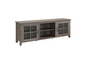 70" Farmhouse Wood TV Stand with Glass Doors - Grey Wash