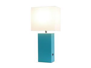 Elegant Designs Modern Leather Table Lamp with USB and White Fabric Shade, Teal
