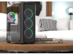 RAIJINTEK PONOS MS4, a Mid-Tower Case w/ Tempered Glass and Front Mesh, EEB M/B, comes with 4pcs 12025 ARGB fans, compatible with Max. 390mm VGA Card, Max. 5x2.5"HDD, USB3.0 and Magnetic Dust Filters