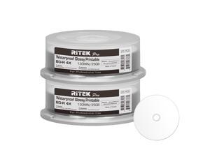 50 Pack Ritek Pro (Professional Grade) BD-R Blu-ray 4X 25GB Watershield Water Resistant Glossy White Inkjet Hub Printable Blank Recordable Disc