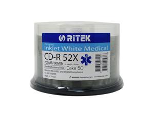 50 Pack Ritek Medical Grade CD-R 52X 700MB/80Min Directive 93/44/EEC and DICOM Compliance White Inkjet Hub Printable Blank Recordable Disc