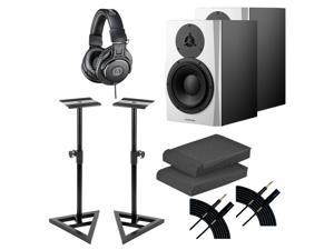 Dynaudio LYD 8 8 Powered Studio Monitor White (Pair) - Monitor Stands - (2) Mogami Cable - Foam Pads - ATH-M30X Headphone