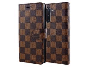 Leather Magnetic Credit Card Slot Case Wallet Case Flip Case Cover for Samsung Galaxy Note 10 Case, Brown Checker