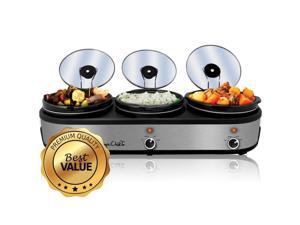 MegaChef Triple 2.5 Quart Slow Cooker and Buffet Server in Brushed Silver and Black Finish with 3 MegaChef Triple 2.5 Quart Slow Cooker and Buffet Server in Brushed Silver and Black Finish with 3