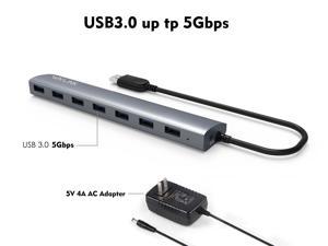 Wavlink Portable7-Port USB 3.0 Hub Aluminum Alloy Design 9.5" Built-in Extension USB Cable Surge Protector - Transfer Rates Up to 5Gbps, 5V AC Adapter - Gray