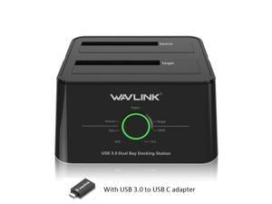 Wavlink USB 3.0 Dual Bay HDD/SSD Docking Station with UASP (6Gbps) for All SATA 2.5" 3.5" Hard Disk Offline Clone + One Button Backup Multitask External Storage Enclosure With USB3.0 to USB C Adapter