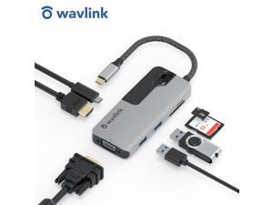 Wavlink USB C Hub, PD 7-in-1 Type C Adapter Mini Docking Station Aluminum with 4K 30Hz HDMI, 2K 60Hz VGA, 2 USB 3.0, SD/TF Card Reader, 87W Laptop Power Delivery for Windows Mac and More, Plug & Play