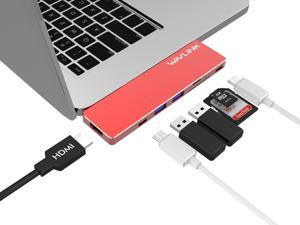 Wavlink Aluminum USB-C Hub Adapter for both 13’’ and 15’’ MacBook Pro, Thunderbolt 3 Mini Dock - 5K 40GbS, 4K HDMI, Pass-Through Charging, USB-C Port, 2 USB 3.0, SD/Micro SD Card Reader - Red
