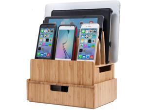 Charging Station Stand Combo with Bamboo Drawer; Extra Storage for Smartphones, Tablets, Laptops & Organizer for Office Supplies and Stationary Items