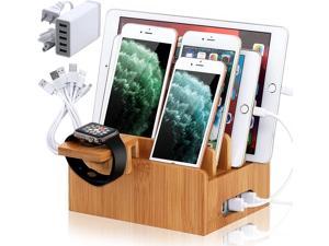 BambuMate Bamboo Charging Station for Multiple Devices, Wood Docking Station Dock Organizer Compatible with Cell Phones, Watch, Tablet (with Watch Stand, 5 Port USB Charger, 5 Charger Cables)
