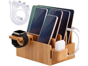 Bamboo Charging Station Organizer for Multiple Devices, Desktop Docking Stations Holder for Cell Phone, Tablet, SmartWatch & Earbuds Stand (Included 5 Cable) (?No USB Charger)