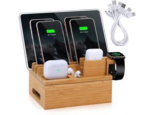 Bamboo Charging Station Organizer, Desktop Docking Station Holder, Compatible with Earbuds, Smart Watch, Cell Phone, Tablet (Included 6 Charging Cables, No Power Supply)