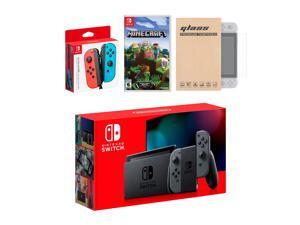 Nintendo Switch Gray Joy-Con Console Bundle with an Extra Pair of Neon Red/Blue Joy-Con, Minecraft, and Tempered Glass Screen Protector Nintendo Switch Gray Joy-Con Console Bundle with an Extra Pair of Neon Red/Blue Joy-Con, Minecraft, and Tempered Glass Screen Protector
