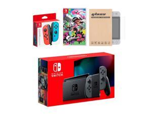 Nintendo Switch Gray Joy-Con Console Bundle with an Extra Pair of Neon Red/Blue Joy-Con, Splatoon 2, and Tempered Glass Screen Protector Nintendo Switch Gray Joy-Con Console Bundle with an Extra Pair of Neon Red/Blue Joy-Con, Splatoon 2, and Tempered Glass Screen Protector