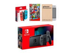 Nintendo Switch Gray Joy-Con Console Bundle with an Extra Pair of Neon Red/Blue Joy-Con, Super Mario Odyssey, and Tempered Glass Screen Protector Nintendo Switch Gray Joy-Con Console Bundle with an Extra Pair of Neon Red/Blue Joy-Con, Super Mario Odyssey, and Tempered Glass Screen Protector