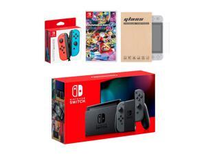 Nintendo Switch Gray Joy-Con Console Bundle with an Extra Pair of Neon Red/Blue Joy-Con, Mario Kart 8 Deluxe, and Tempered Glass Screen Protector Nintendo Switch Gray Joy-Con Console Bundle with an Extra Pair of Neon Red/Blue Joy-Con, Mario Kart 8 Deluxe, and Tempered Glass Screen Protector