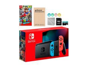 Nintendo Switch Neon Red Blue JoyCon Console Set Bundle With Super Mario Odyssey And Mytrix Accessories