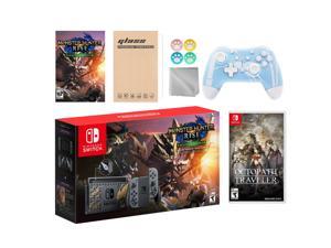 Nintendo Switch Monster Hunter Limited Console Set Plus Monster Hunter Rise Deluxe Edition, Bundle With Octopath Traveler And Mytrix Wireless Switch Pro Controller and Accessories