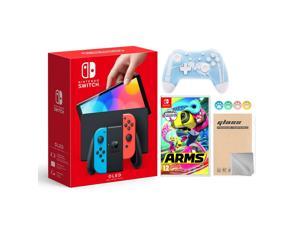 2021 New Nintendo Switch OLED Model Neon Red  Blue Joy Con 64GB Console HD Screen  LANPort Dock with Arms And Mytrix Wireless Switch Pro Controller and Accessories